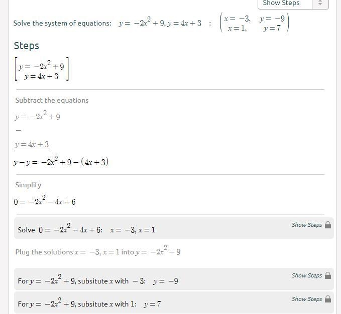 14. Consider this system of equations.y = -2x2 + 9y = 4x + 3What values of x are solutions-example-1