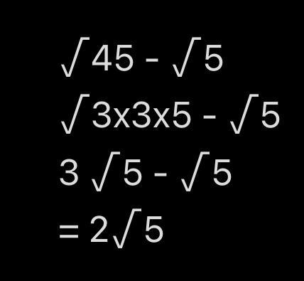 Work out √45 - √5 Give your answer as an integer or as a surd in its simplest form-example-1