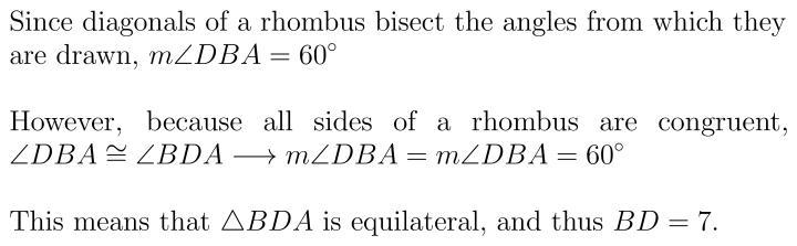 4. rhombus abcd has mlabc = 120° and ab = 7. find diagonal length, bd.-example-2