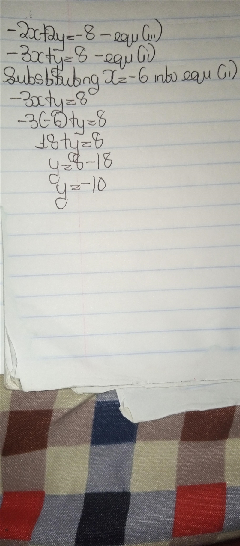 Plugin x=-6 into either equation and solve for y −2x+2y=−8 or −3x+y=8-example-1