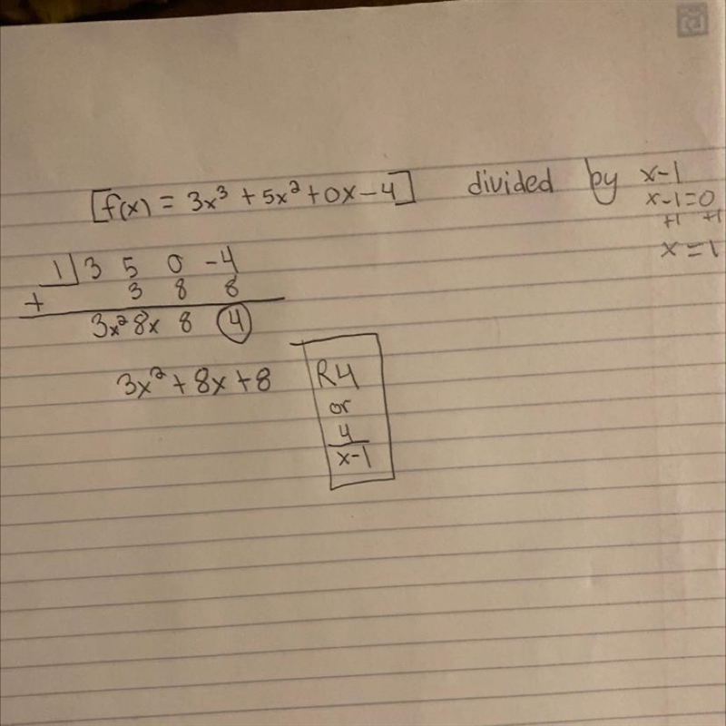 If f(x) = 3x³ + 5x² - 4, then what is the remainder when f(x) is divided by x-1?-example-1