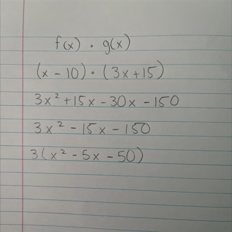 Find the product f(x) × g(x) for the functions f(x) = x - 10 and g(x) = 3x + 15.-example-1