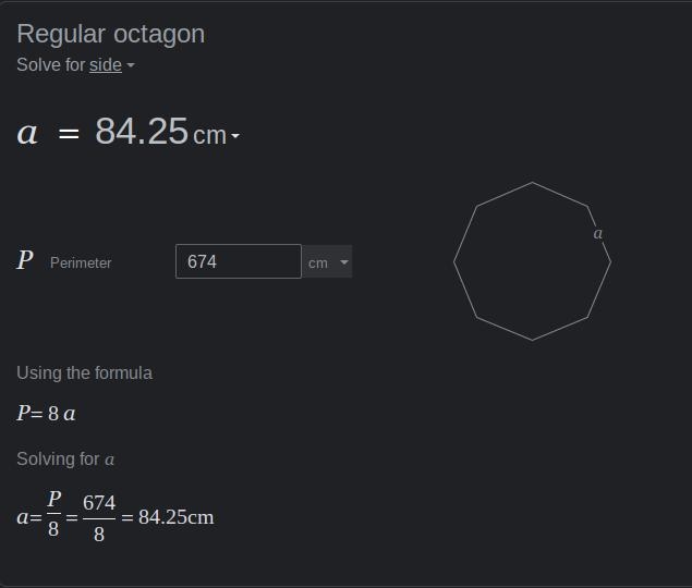 Find the side length of the regular octagon whose perimeter is 674 centimeters?? Quick-example-1