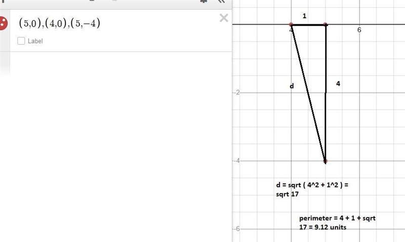 The points L(5,0) , M(-4,0) and N(5,-4) form a triangle find the perimeter of the-example-1