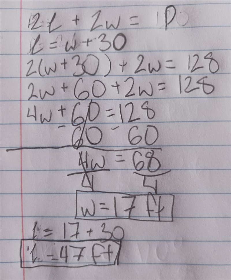 The length of a rectangle is 30ft more than the width. The perimeter of the rectangle-example-1