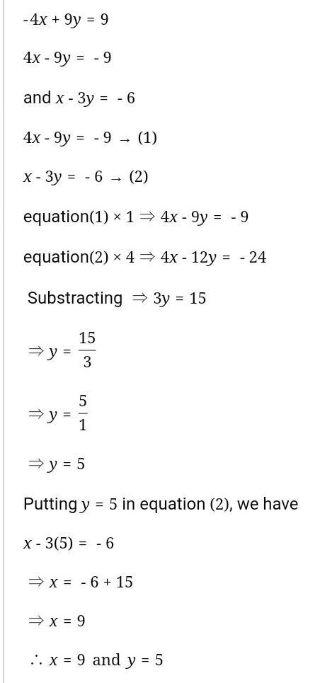 Solving system of equations by elimination -4x+9y=9 x-3y=-6-example-1