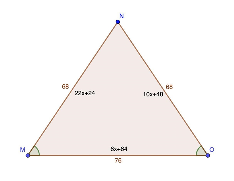 AMNO, LM = LO. If MN = 22x + 24, MO = 6x + 64, and ON = 10x + 48, determine the length-example-1