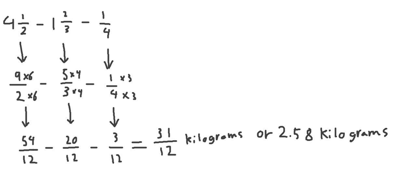 On Sunday, Sheldon bought 4 1/2 kg of plant food. He used 1 2/3 kg on his strawberry-example-1