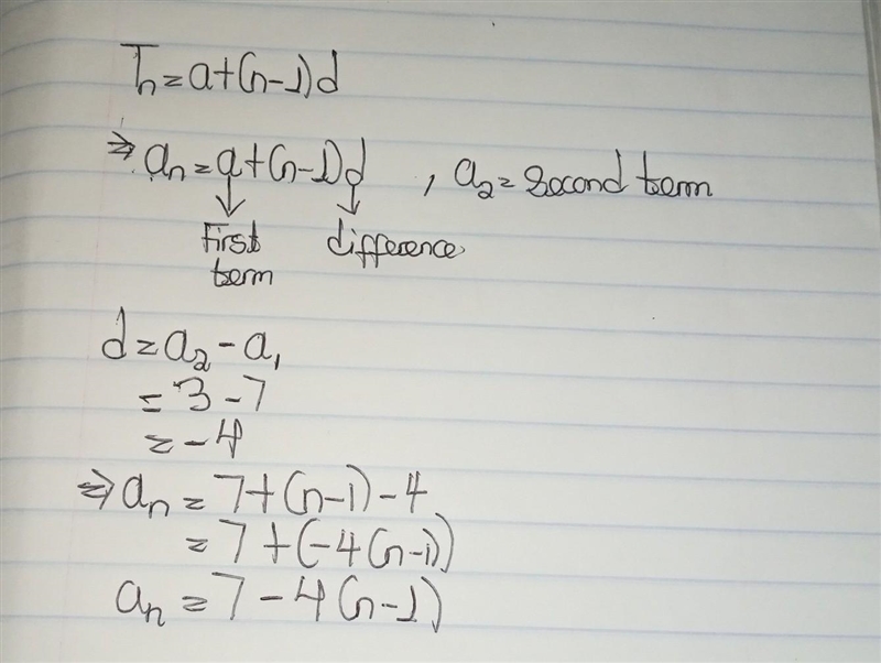 What is the equation for an arithmetic sequence with a first term of 7 and a second-example-1