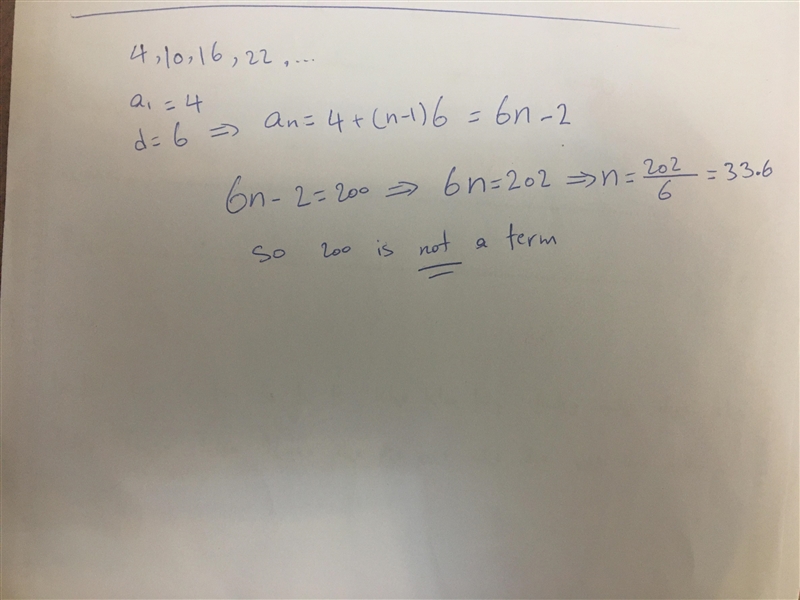 Is 200 a term in the sequence 4, 10, 16, 22,-example-1