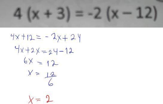 . 4 (x+3) = -2 (x-12)-example-1