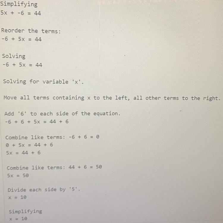 List the steps to solve the following equation 5x - 6 = 44 then solve for x-example-1