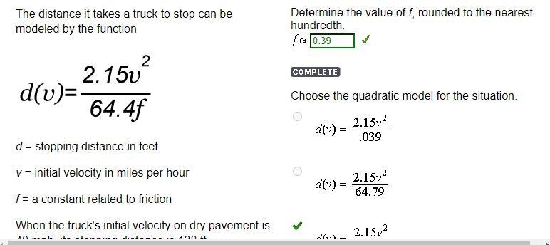 Choose the quadratic model for the situation. d(v) =2.14v^/.039 d(v) =2.15v^/64.79 d-example-1