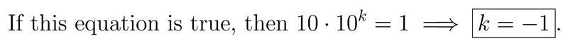 What is the value of k in the product of powers below? 10^-3 . 10 . 10k = 1/10^3-example-1