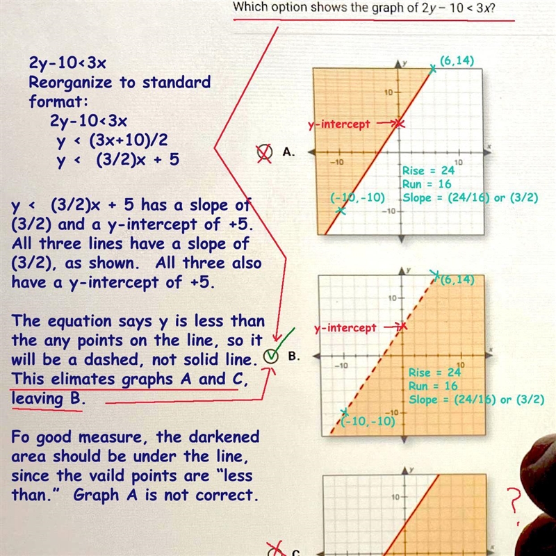 Which option shows the graph of 2y-10 < 3x? OA. OB. O C. O D. ←PROBOUS <-10 10- 10- 10-example-1