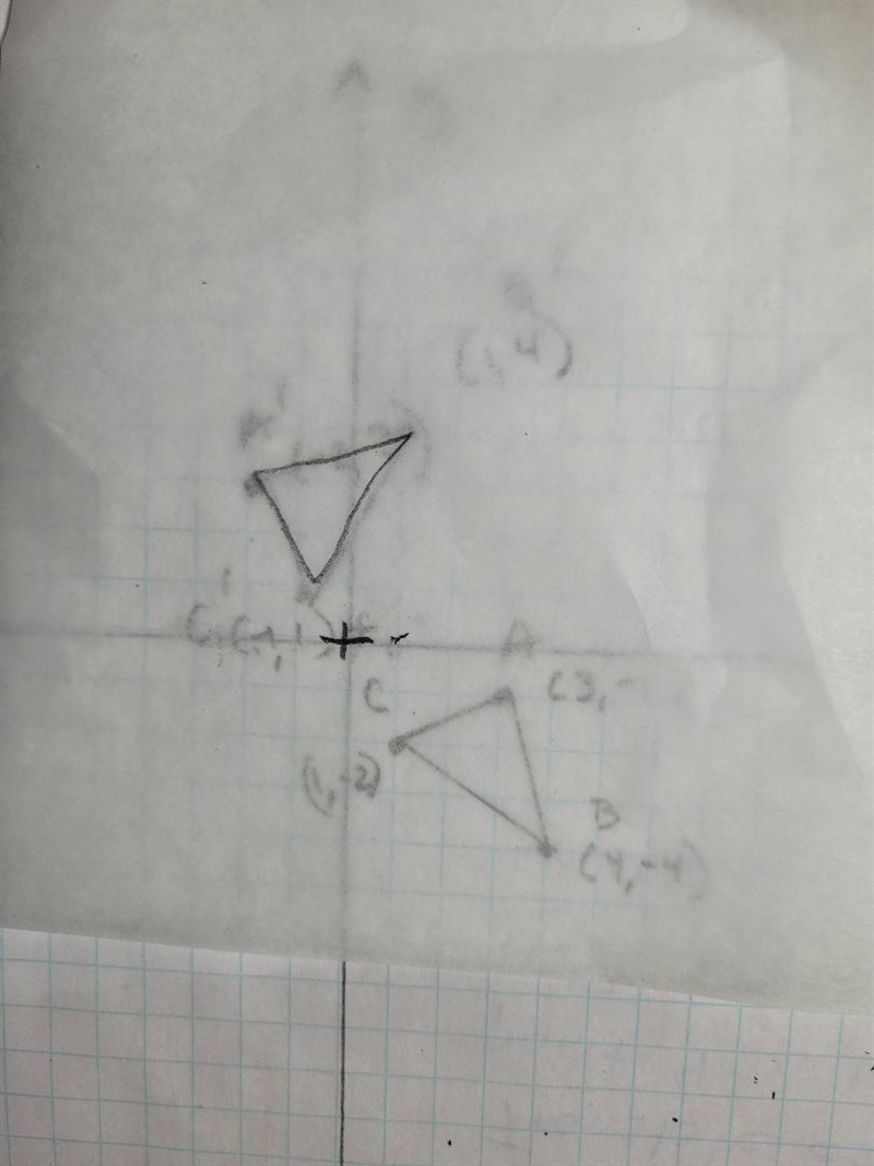 Which sequence of transformations produces A’B’C’ from ABC? On a coordinate plane-example-2