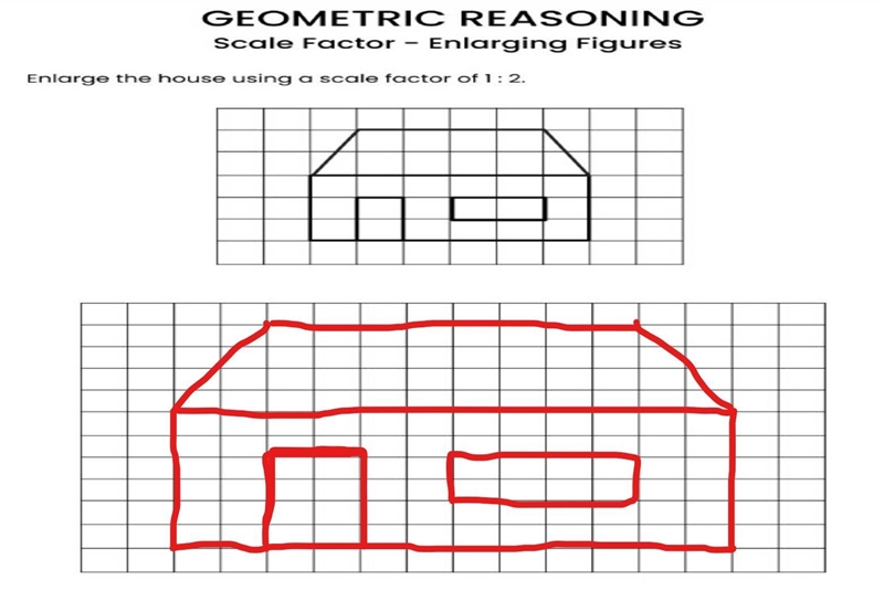 Enlarge the house using a scale factor of 1 : 2.-example-1