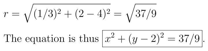 Write the equation of a circle in the xy-plane with center (0, 2) and a radius with-example-1