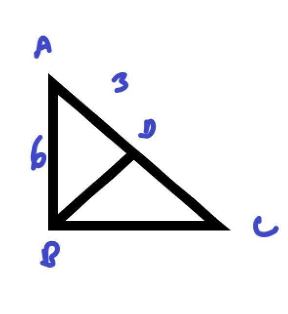 given right triangle abc with altitude bd drawn to hypotenuse ac.If AB=6 and AD=3 what-example-1