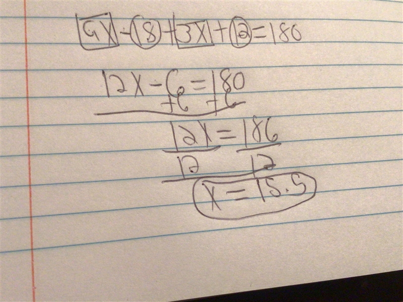 How do I solve 9x-18+3x+12=180-example-1