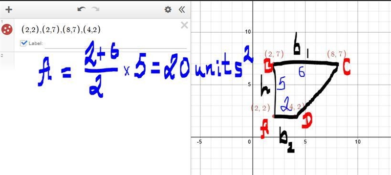 Find the area of the polygon with vertices of A(2, 2), B(2, 7), C(8, 7), and D(4, 2)-example-1