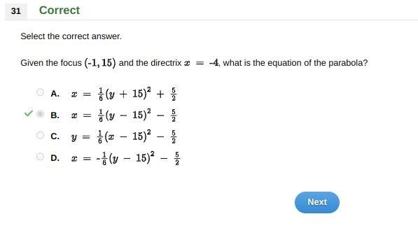 Given the focus (-1, 15) and the directrix x = -4, what is the equation of the parabola-example-1