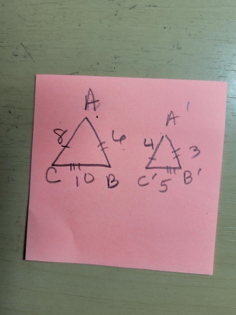 What is the scale factor of this dilation? Triangle A B C. Side A C is 8, C B is 10, A-example-1