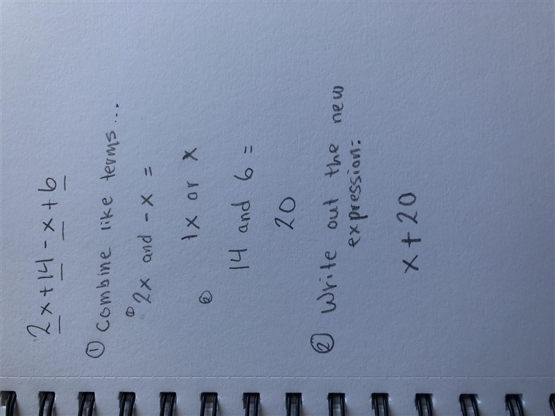 Simplify the following expressions 2x+14-x+6-example-1