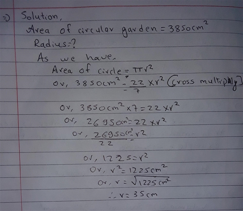 The area of a circular Garden is 3850cm^2. Find the length of wire of sturns.​-example-1