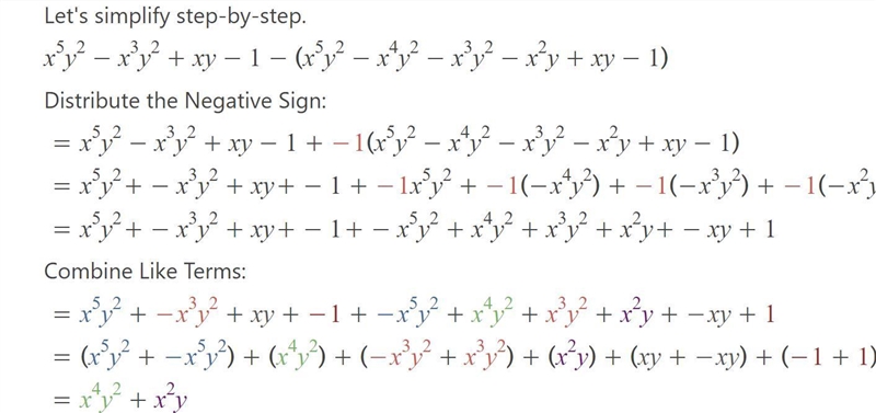 Anybody want to help with math? :) (x^5y^2-x^3y^2+xy-1)-(x^5y^2-x^4y^2-x^3y^2-x^2y-example-1