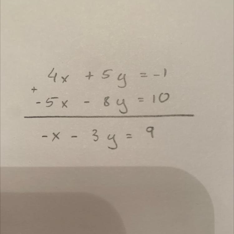 Solve the system of equations 4x+5y=-1 and -5x-8y=10 by combining the equations.-example-1