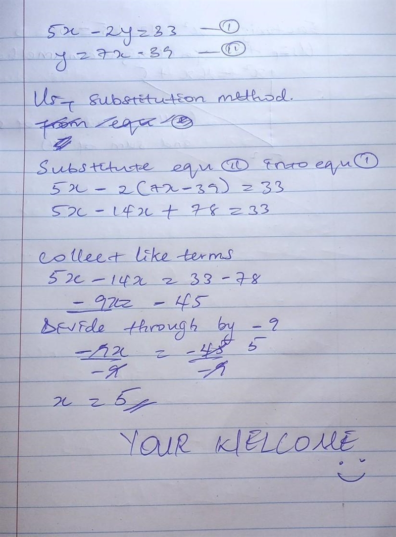 13. Solve the system of equation using substitution. 5x – 2y = 33 y = 7x – 39-example-1