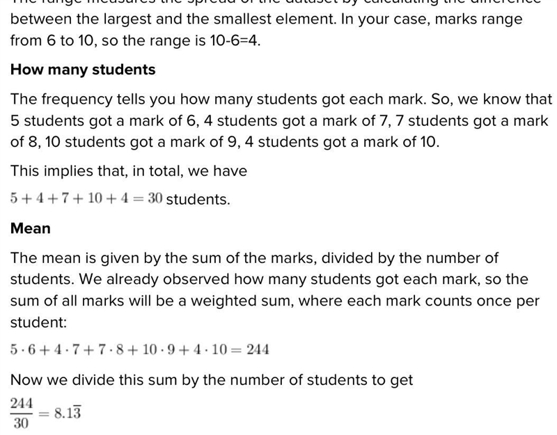 A. work out the range b. how many students are in the group c. work out the mean mark-example-1