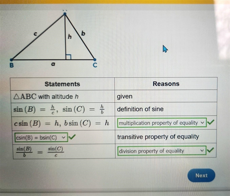 NEED ANSWER ASAP HELP Given ABC with altitude h Prove: sin(B)/b=sin(C)/c-example-2