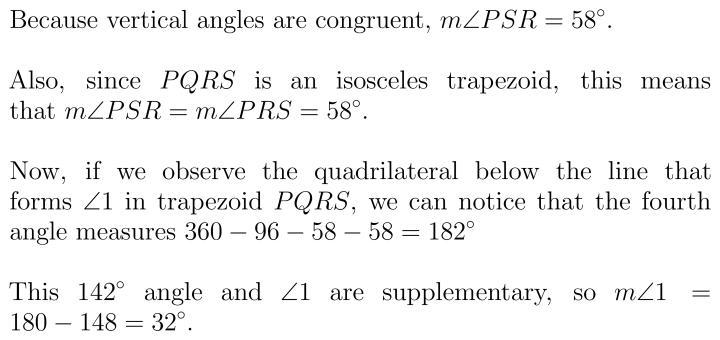 If PQ || SR and PQRS is an isosceles trapezoid, find m<1-example-1