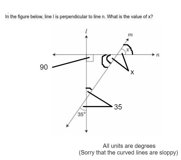 In the figure below, line l is perpendicular to line n. What is the value of x?-example-1