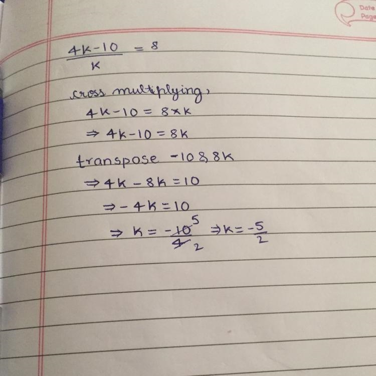 Solve for k. 4k – 10 = 8 . = Stuck? Watch a video or use a hint.-example-1