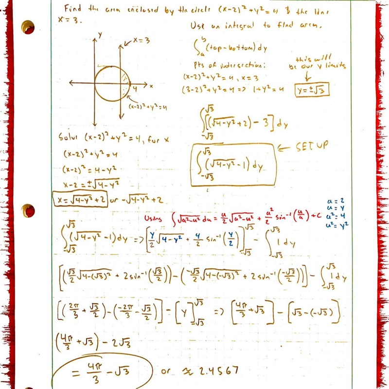 Find the area enclosed by the circle (x-2)^2 + y^2 = 4 and the line x = 3.-example-1