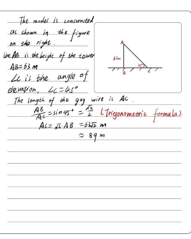 6. Find the length of a guy wire that makes an angle of 45 degrees with the ground-example-1