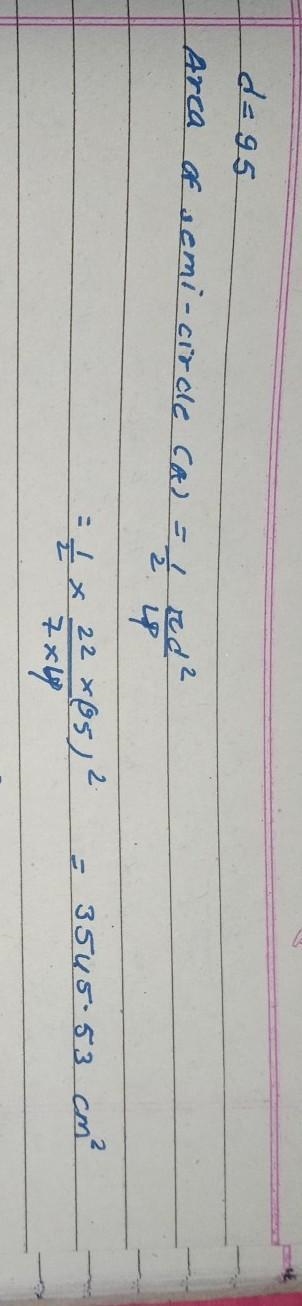 Find the area of this semi-circle with diameter, d = 95cm-example-1
