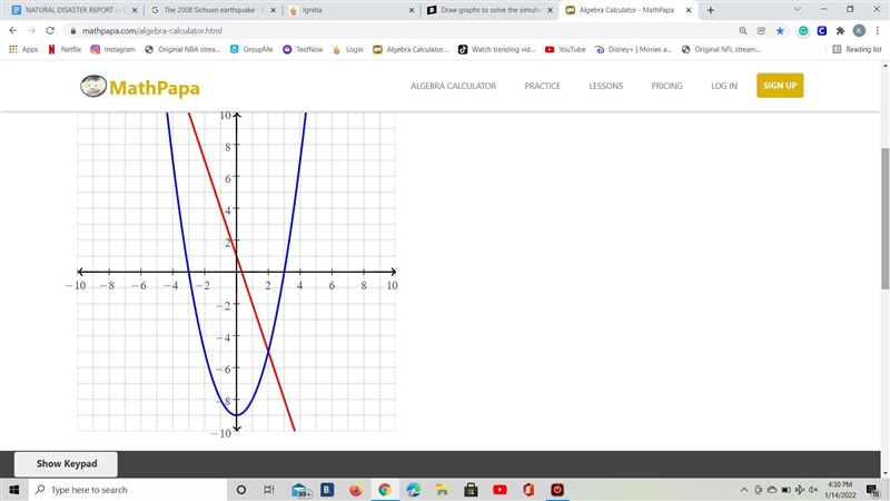 Draw graphs to solve the simultaneous equations. y = x^2-9 Y + 3x = 1-example-1