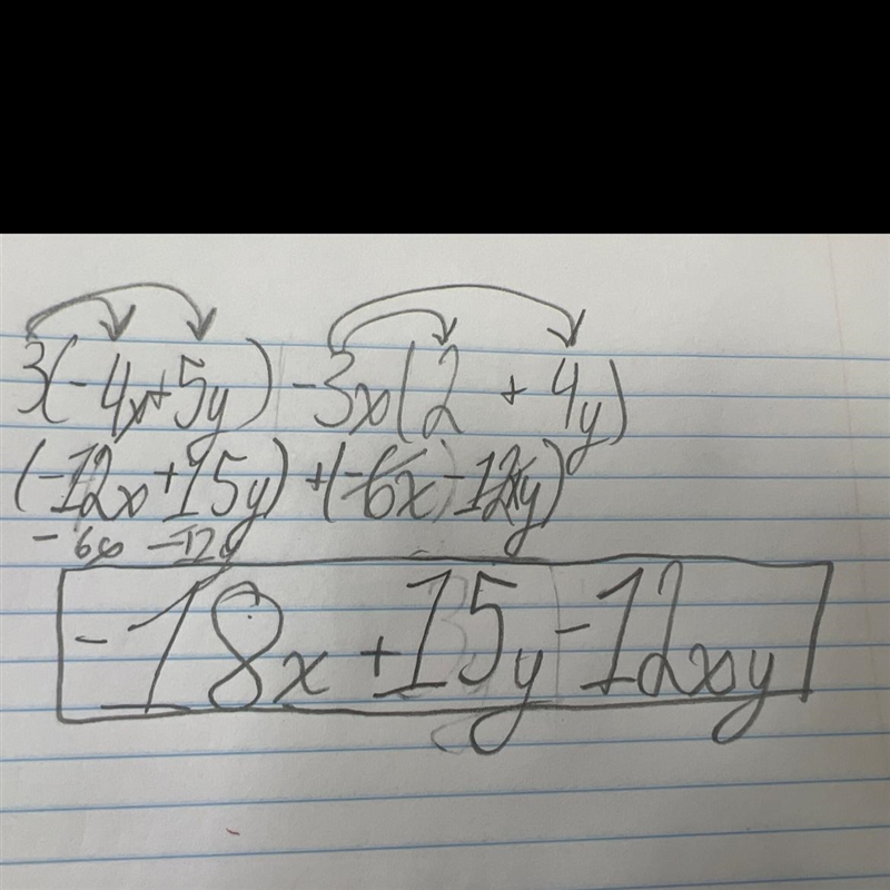 3(-4x + 5y) - 3x(2 + 4y simplify please-example-1