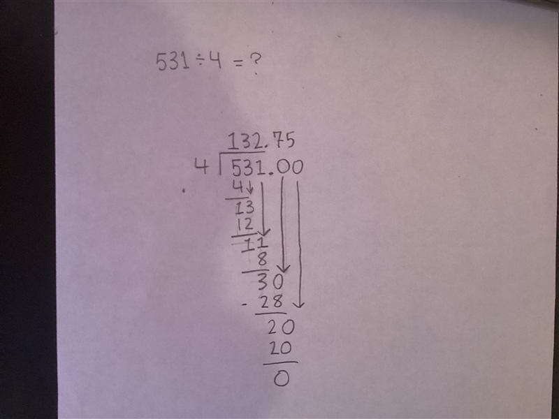 531/4 Please give step by step explanation, must be long division.-example-1