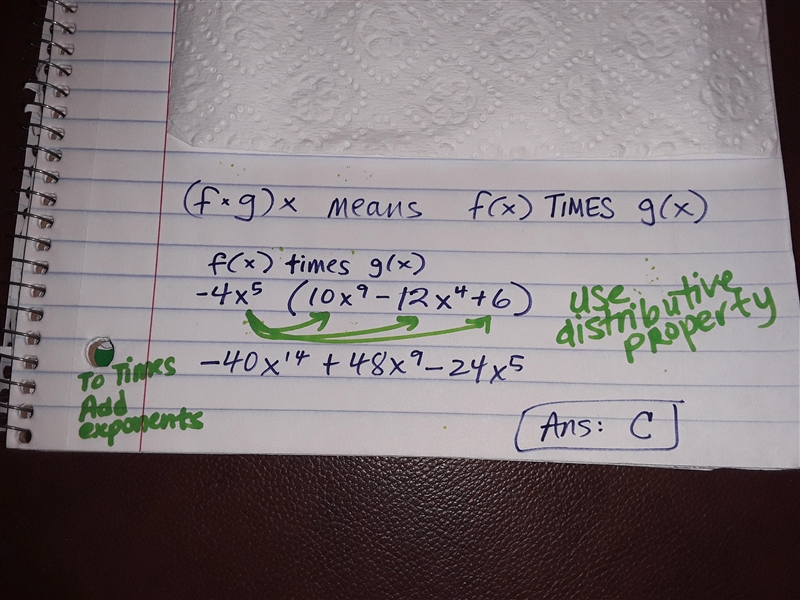 If f(x) = -4x^(5) and g(x) = 10x^9 - 12x^4 + 6 (what is f x g) x? A.) -40x^(14) + 48a-example-1