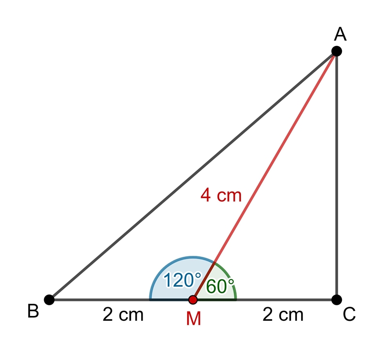 Cosine Rule In ABC, BC = 4cm, M is the mid-point of BC, AM = 4cm and AMB = 120..... Check-example-1