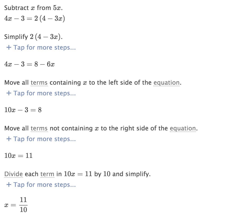 Solve for x. 5x-3-x=2(4-3x)​-example-2