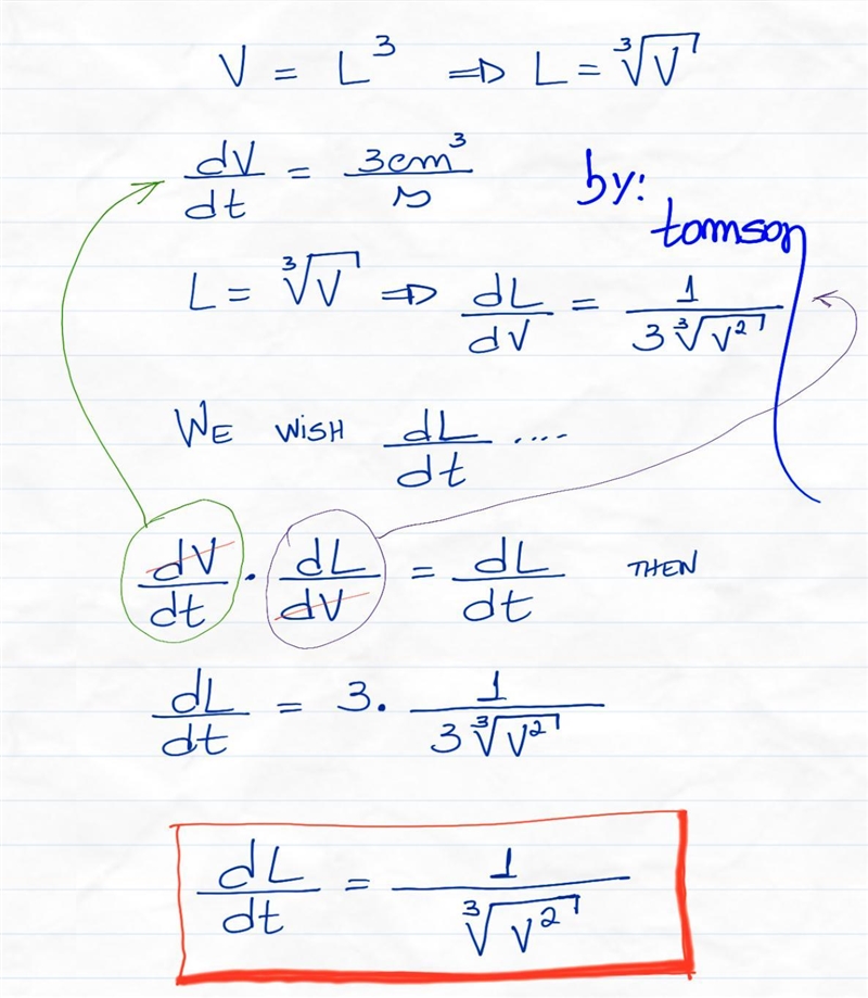 If the volume of a cube increases at rate of 3 cm^3/sec what is the rate of increase-example-1