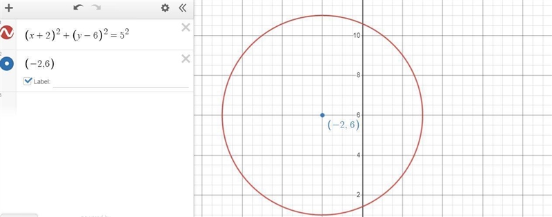 Write the equation of the circle centered at ( − 2 , 6 ) with radius 5-example-1