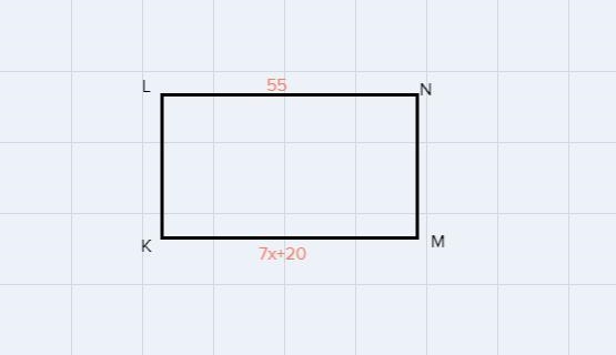 In rectangle klmn km=7x+20 and ln=55. what is the value of x-example-1