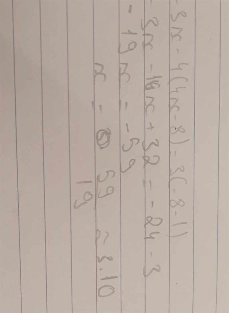 Solve -3x-4(4x-8)=3(-8-1)-example-1